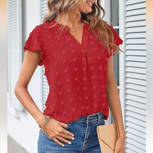 Merokeety Elegant Red Ruffle Swiss Dot Women's Top